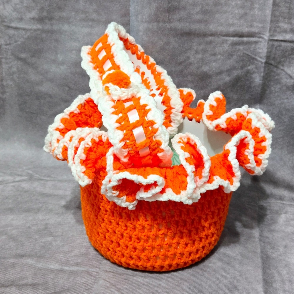 Handmade Crochet Easter Basket Plastic Lining Orange White Bunny